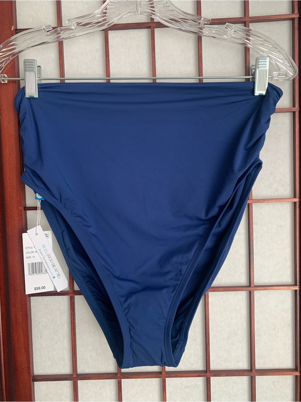 NWT BLEU ROD BEATTIE Super Hi-Rise Navy-blue Ruched Sides Bikini Bottoms Size 10